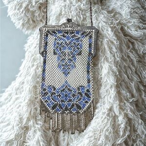 Vintage  Mandalian MFG Co Enamel Metal Mesh Purse Blue Black Fringe Evening Bag